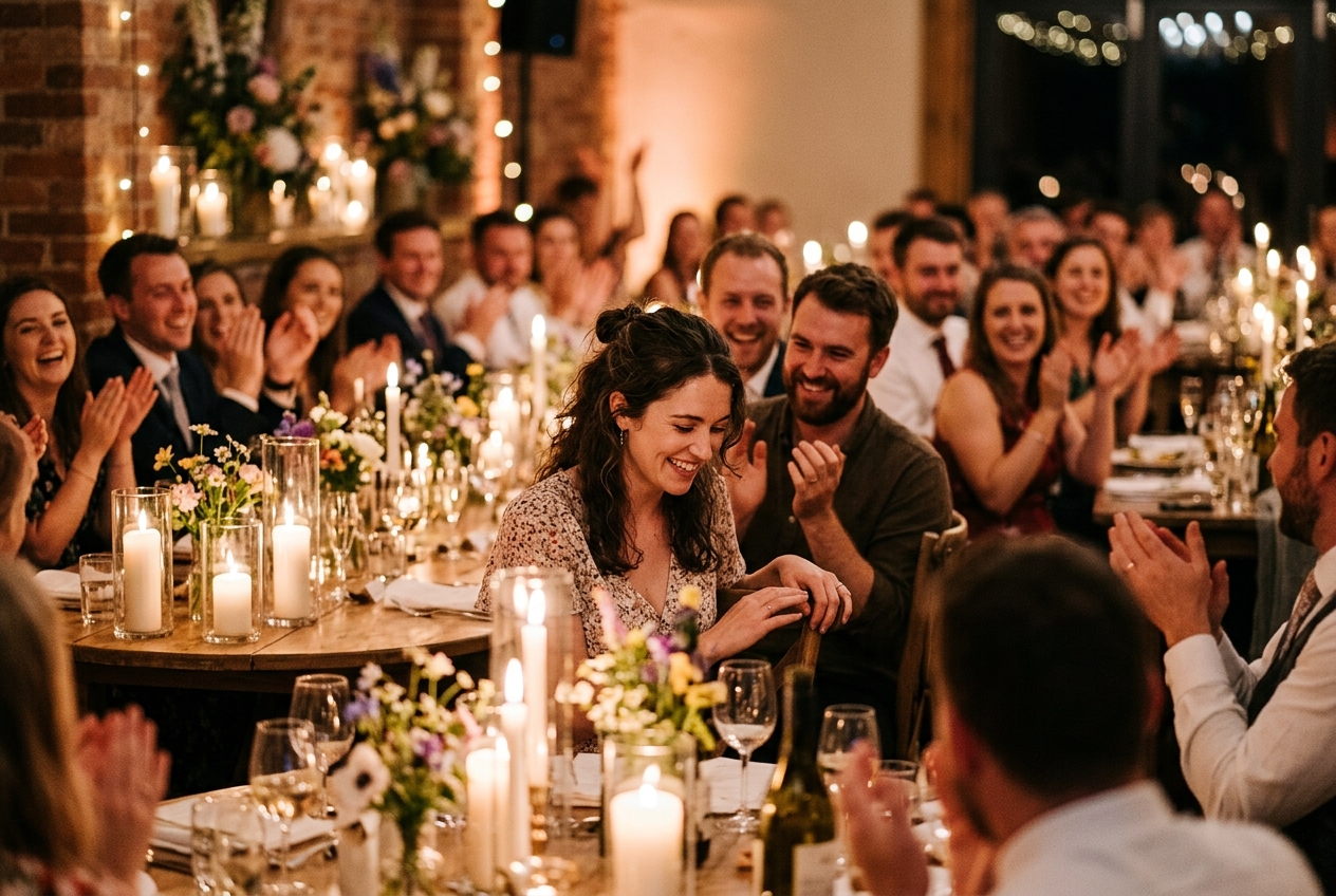 Guests applauding after a short speech, speaker sitting down looking relieved and happy