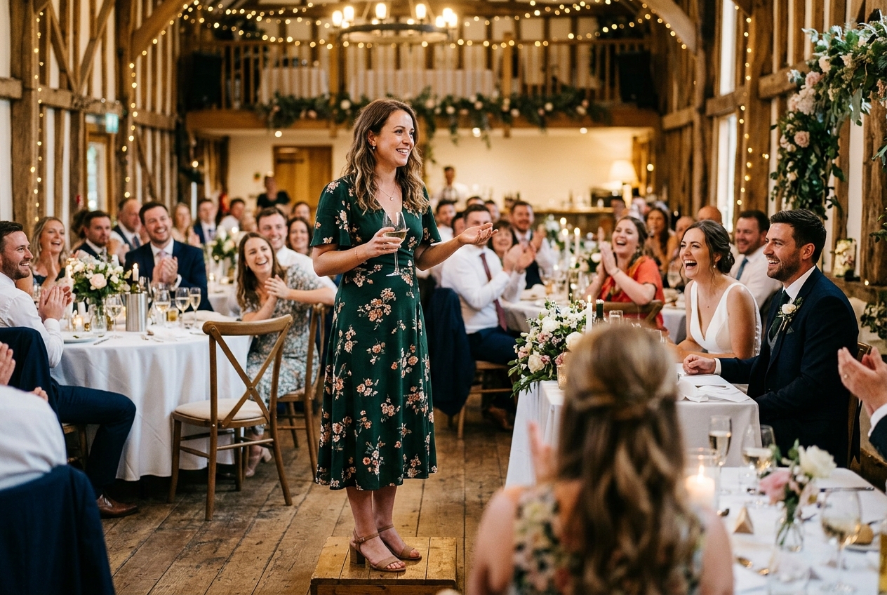 Person giving a confident brief wedding speech without notes, standing relaxed, guests smiling