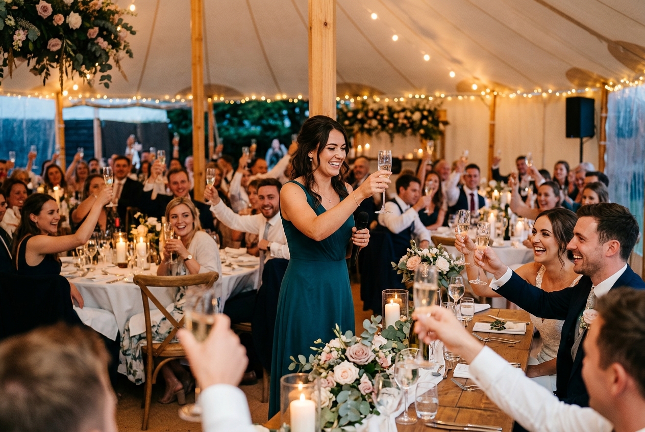 Quick wedding toast, speaker holding up a glass with a warm smile, guests raising glasses