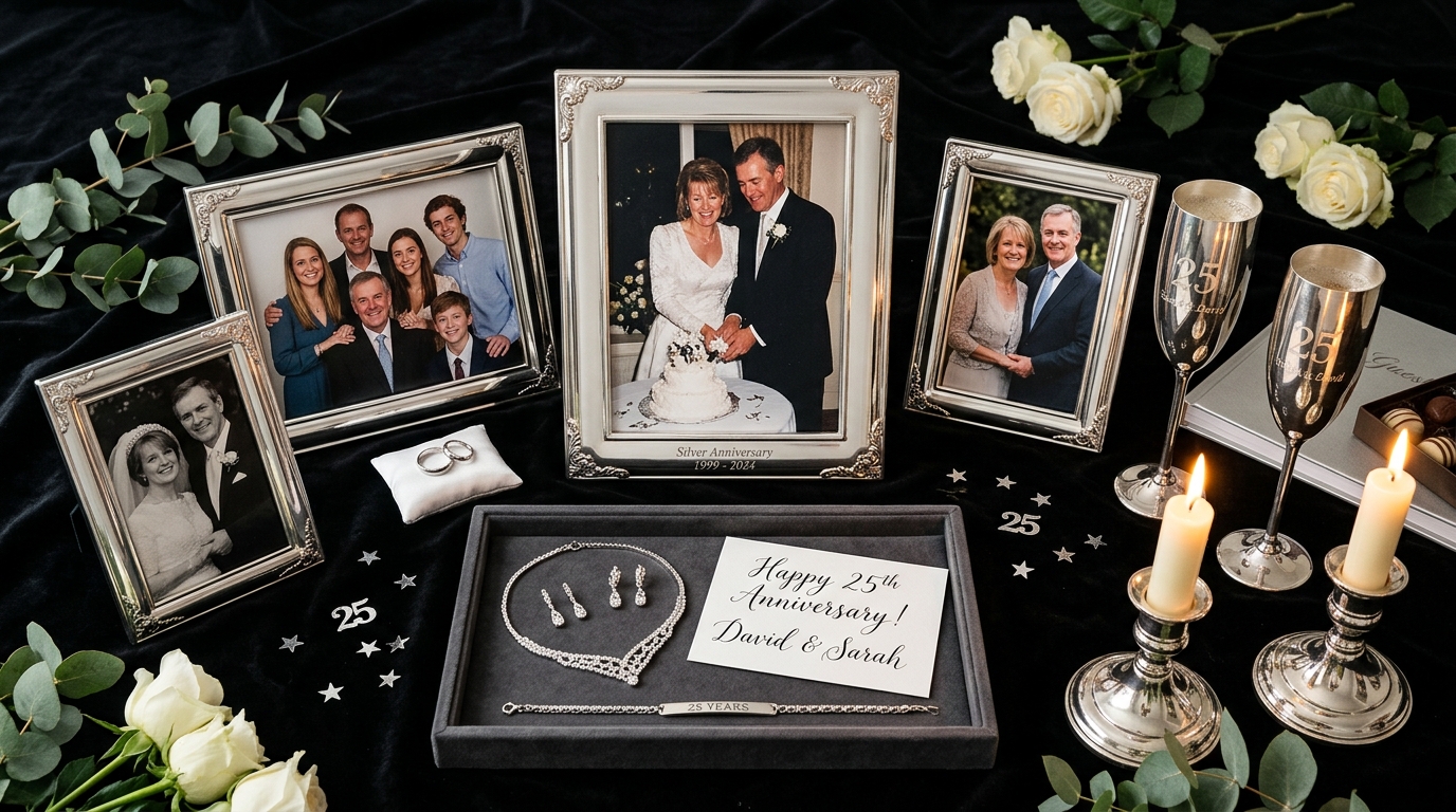 25th silver wedding anniversary luxurious display — silver photo frames, jewellery, champagne flutes, candlesticks