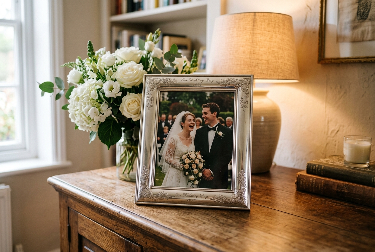 Beautiful silver photo frame holding a colour wedding photo from 25 years ago, fresh flowers
