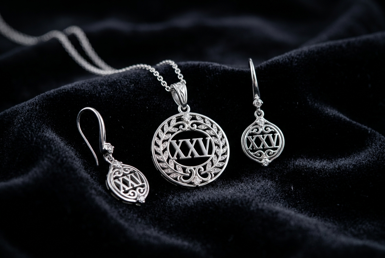 Elegant silver jewellery for a 25th anniversary — pendant and earrings on dark velvet