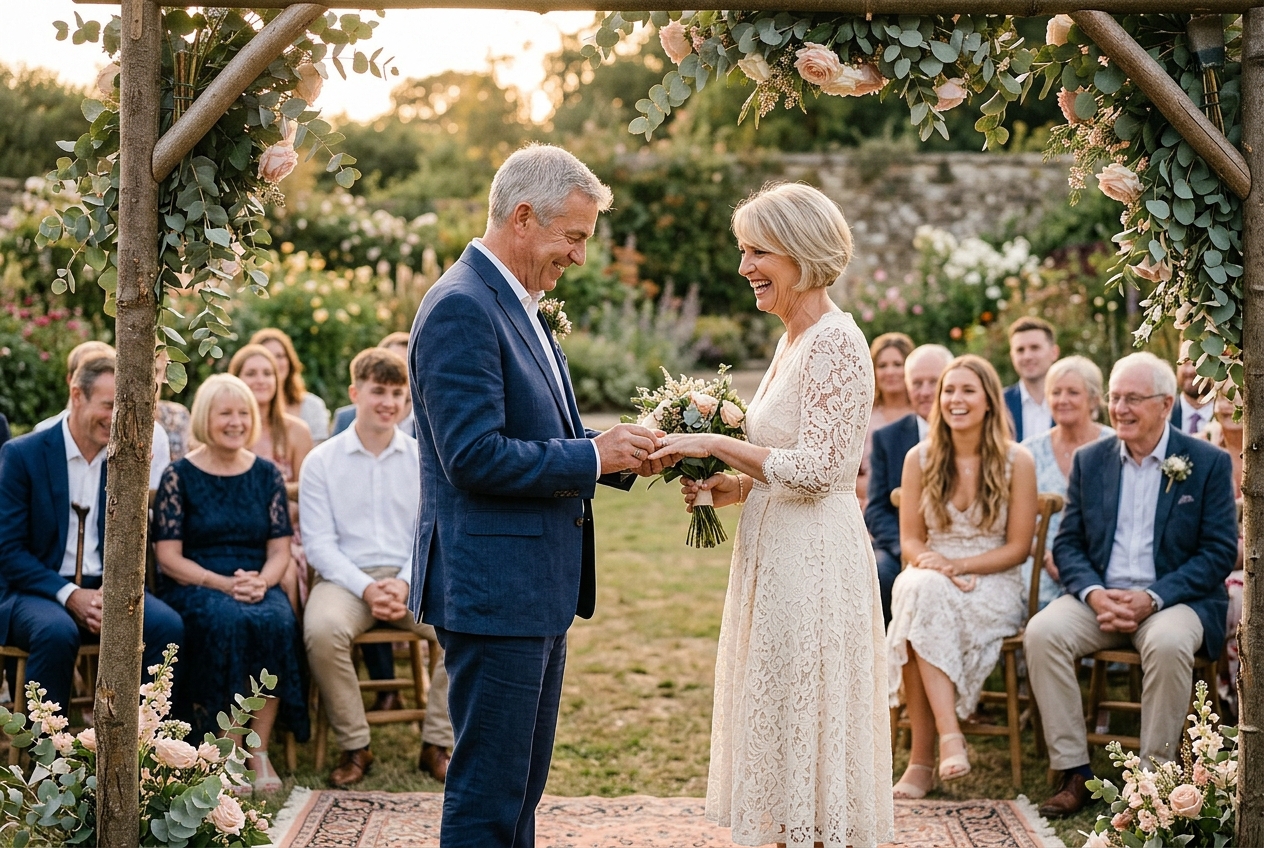 Couple renewing their vows for their 25th anniversary, exchanging rings, family watching, warm light