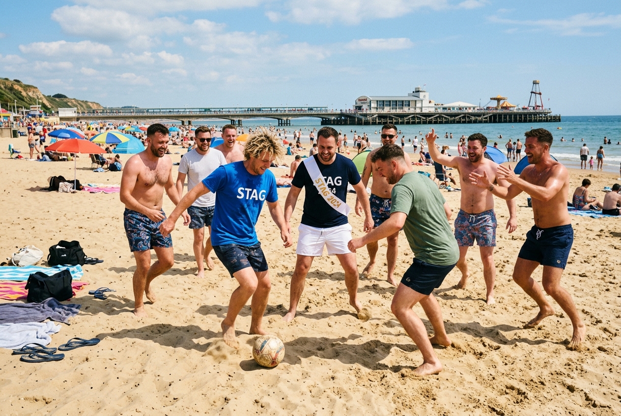 Group of men on a stag do at Bournemouth beach, playing football on the sand, pier in background