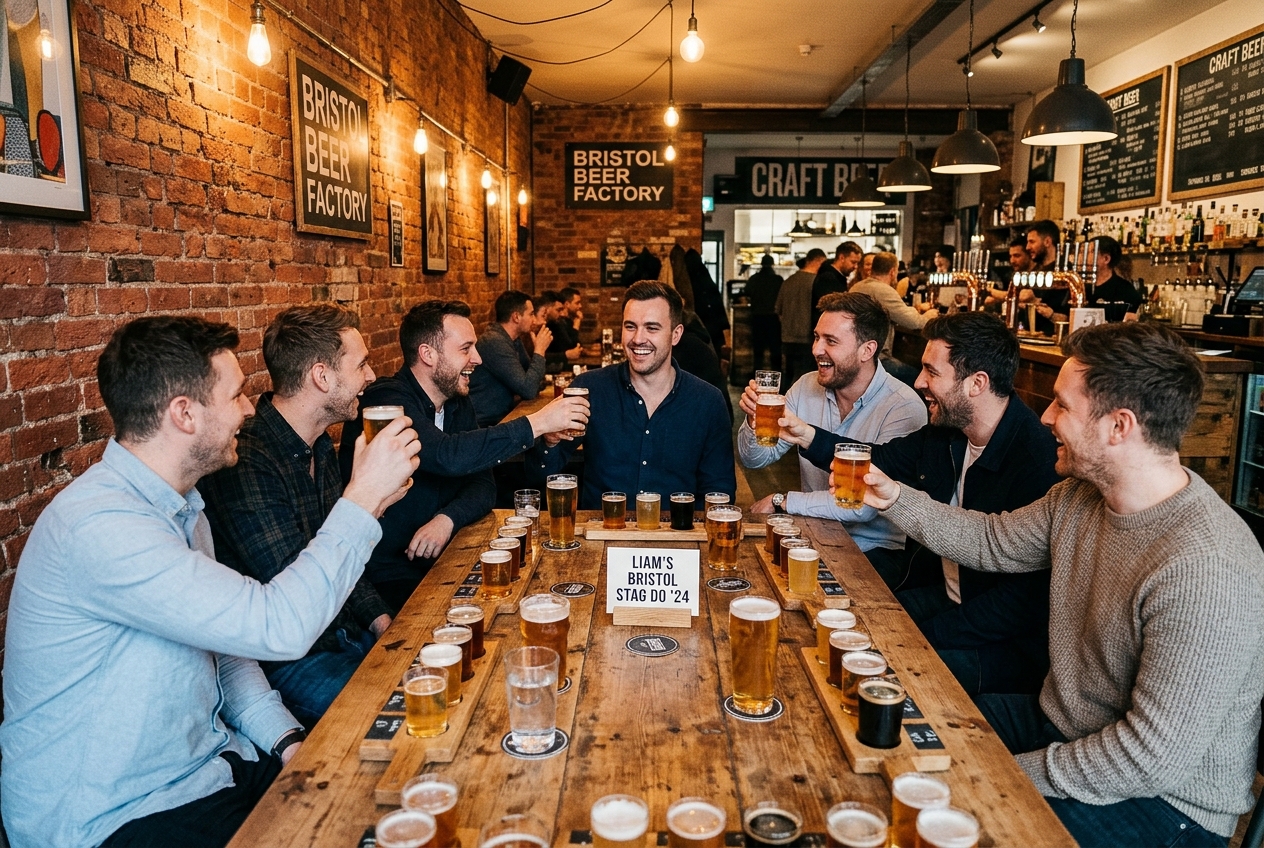 Group of men at a craft beer bar in Bristol, flights of beer, exposed brick walls, warm lighting