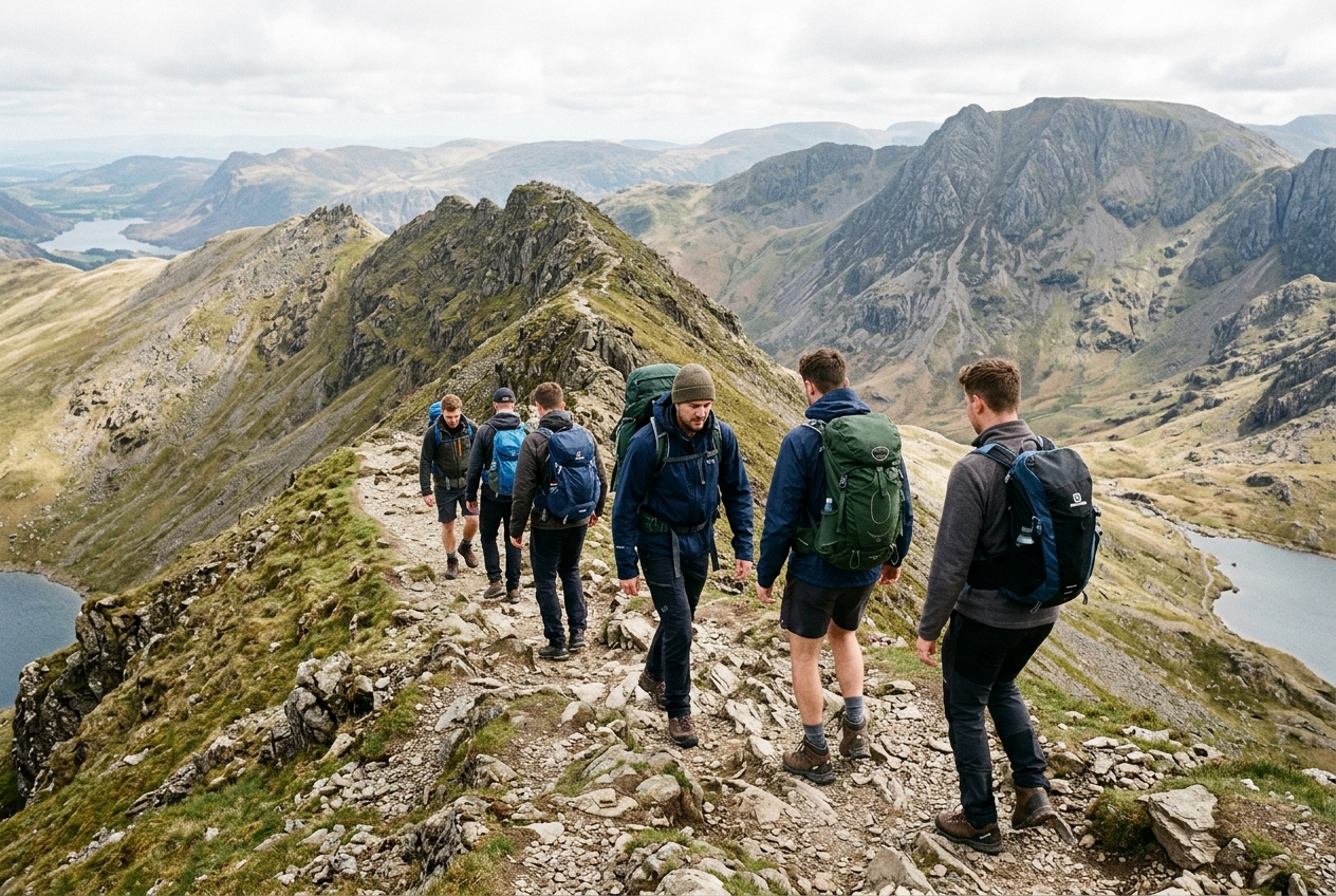 Group of men hiking in the Lake District, walking along a ridge with mountain scenery, backpacks