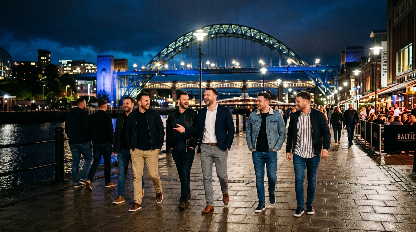 Group of men on a stag do, Newcastle Quayside at night, Tyne Bridge illuminated, smart casual