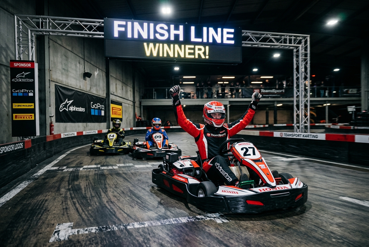 Group of men in go-kart suits and helmets at an indoor track, one crossing the finish line