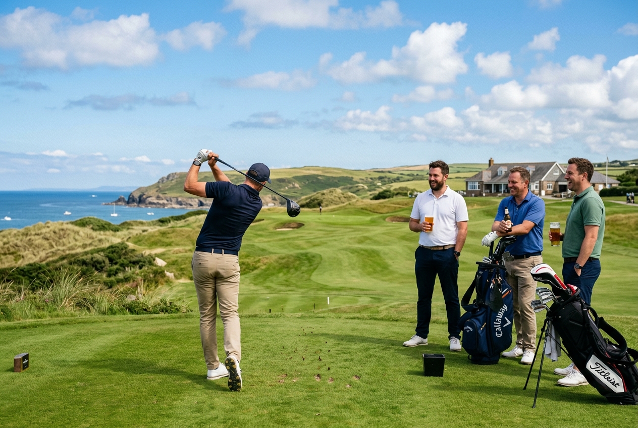 Group of men playing golf on a beautiful UK course, one mid-swing, others watching with beers