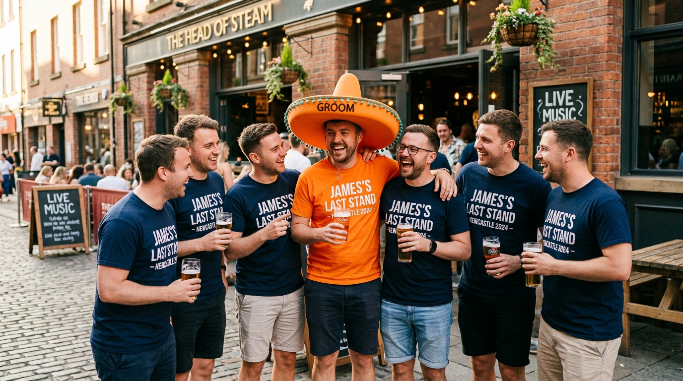Group of men on a stag do, groom in a novelty hat, matching t-shirts, outside a bar, laughing