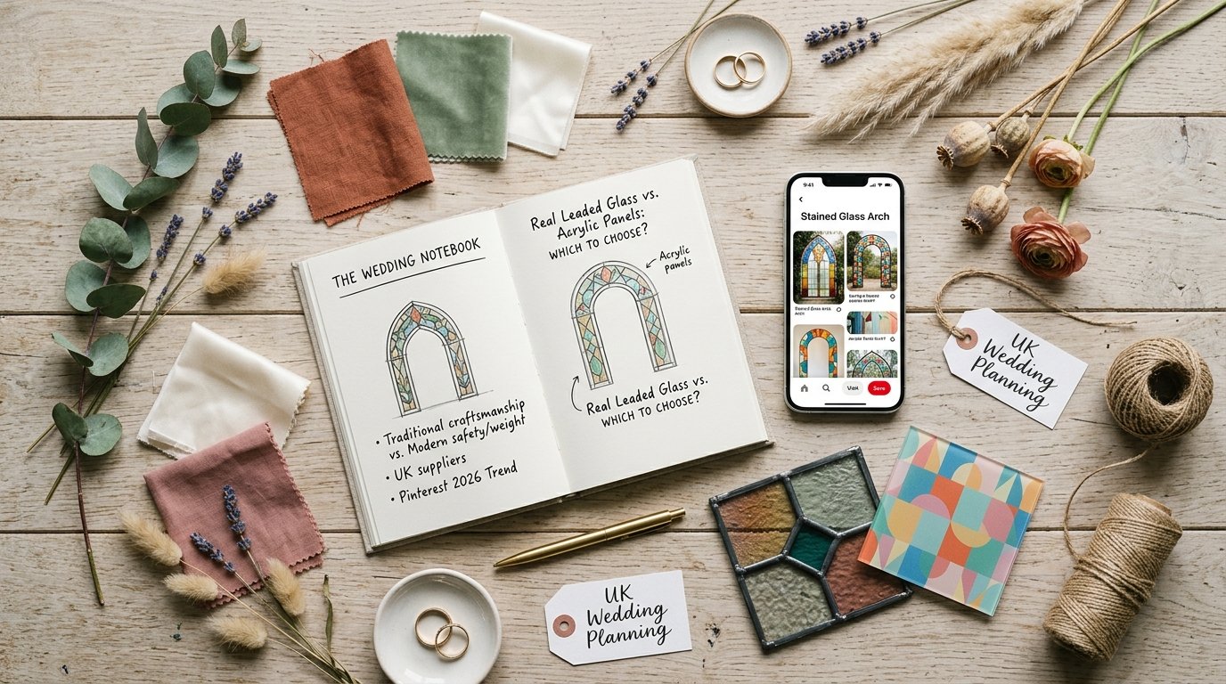 Stained Glass Wedding Arch: The 2026 Pinterest Trend — Real leaded glass vs acrylic panels: which to choose, editorial photography for Weddings Hub
