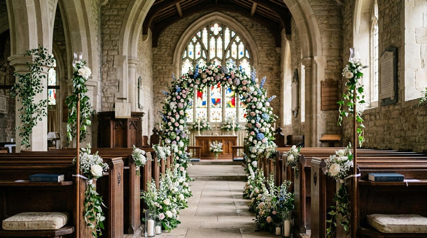 Stained Glass Wedding Arch: The 2026 Pinterest Trend — How to style the ceremony around a stained glass arch, editorial photography for Weddings Hub