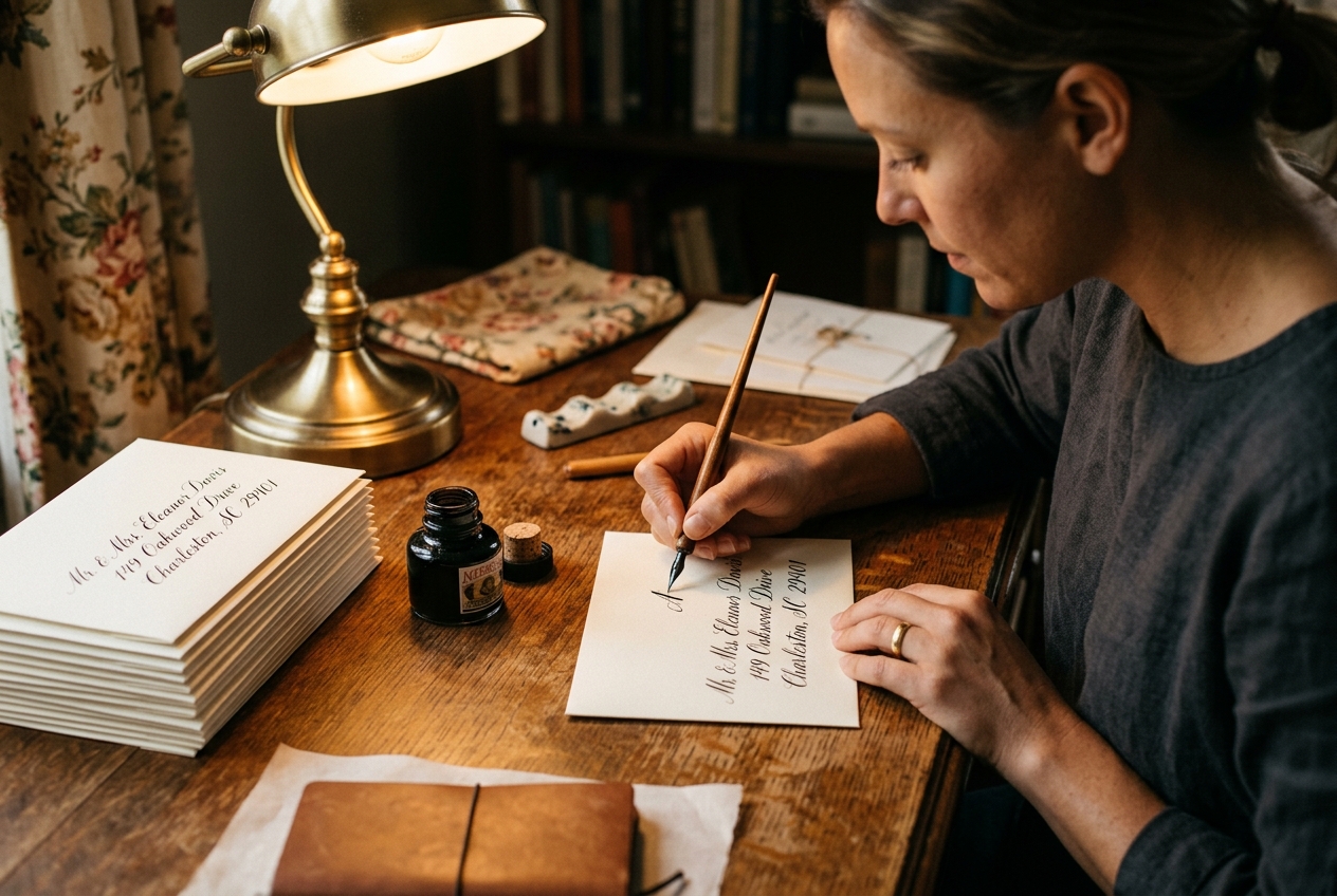 Calligrapher addressing envelopes with a dip pen, black ink on cream envelopes, warm desk lamp