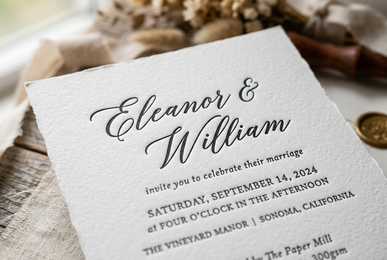 Close-up of letterpress printed invitation showing debossed texture, thick cotton paper, directional light