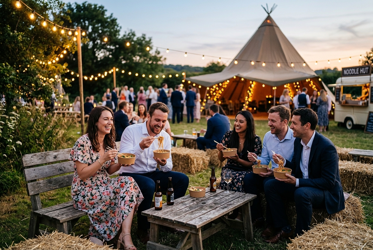 Wedding guests enjoying street food at a relaxed outdoor evening reception, sitting on hay bales and wooden benches