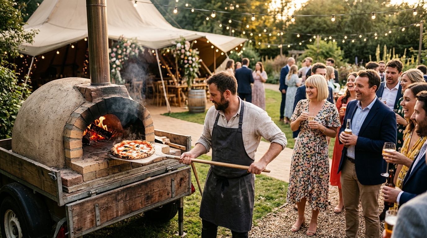 Wood-fired pizza oven at an outdoor UK wedding — chef pulling a margherita pizza, guests watching with drinks
