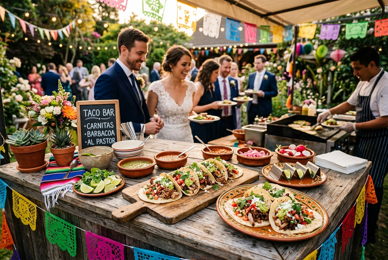 Colourful Mexican taco station at a wedding reception with pulled pork, salsa, guacamole, and lime wedges