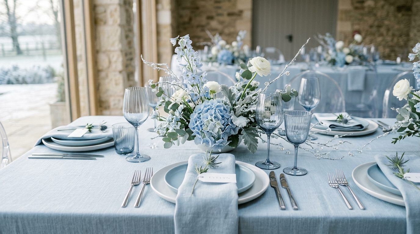 Styling across the wedding for Subzero Sophistication: The 2026 Frosty Blue Palette