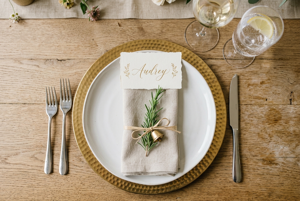 Individual place setting from above — white plate on gold charger, rosemary sprig napkin, calligraphy card