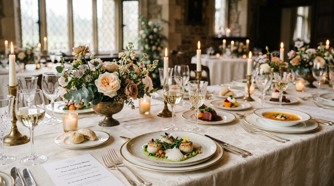 Tasting-Menu Wedding Receptions: When Food Is the Event — What an 8-course tasting menu looks like, editorial photography for Weddings Hub