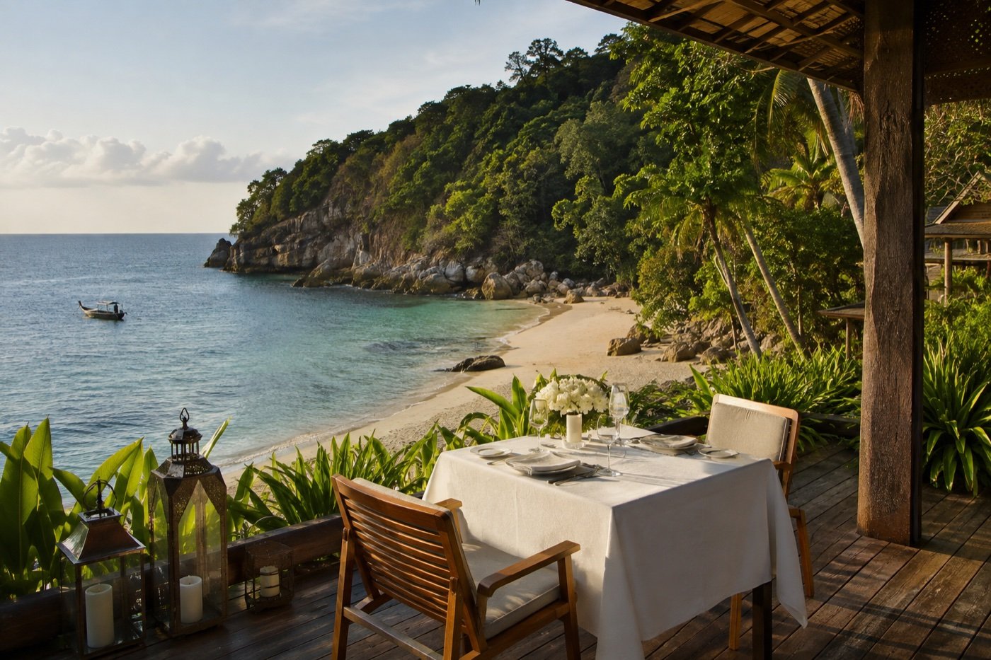 A private resort terrace overlooking a quiet cove on Thailand's Andaman coast