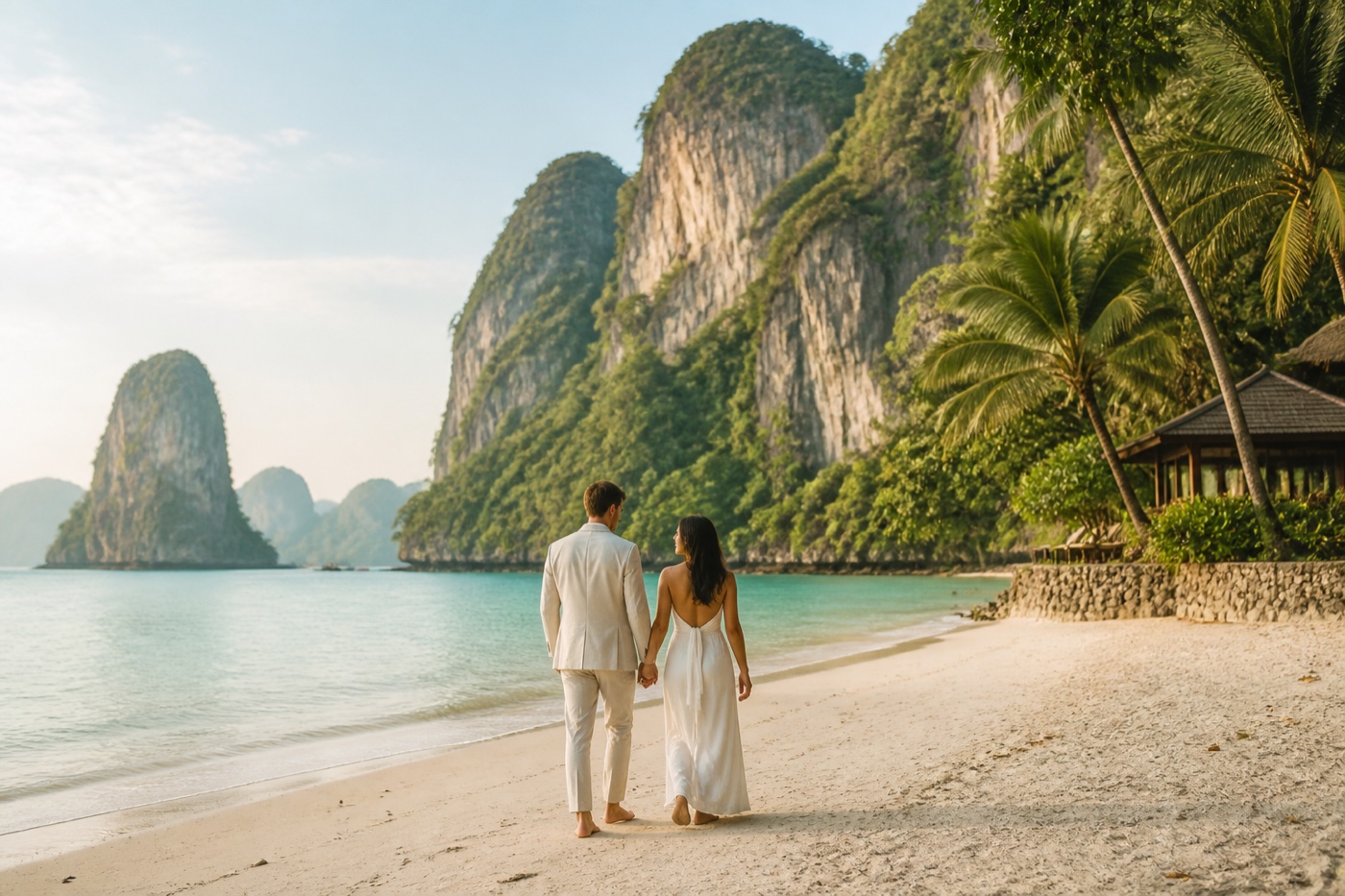 Newlywed couple walking beside a quiet beach and limestone karsts in southern Thailand