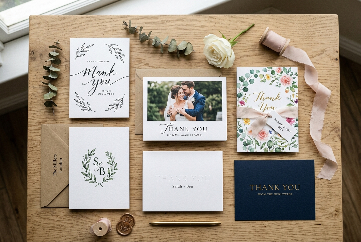 Selection of different thank you card designs — one with photo, one floral, one minimalist