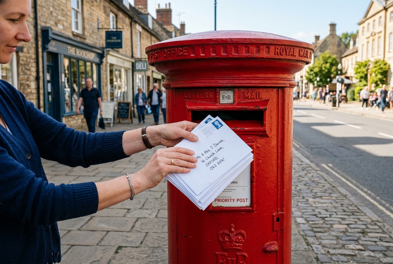 Hand dropping thank you card envelopes into a red Royal Mail post box