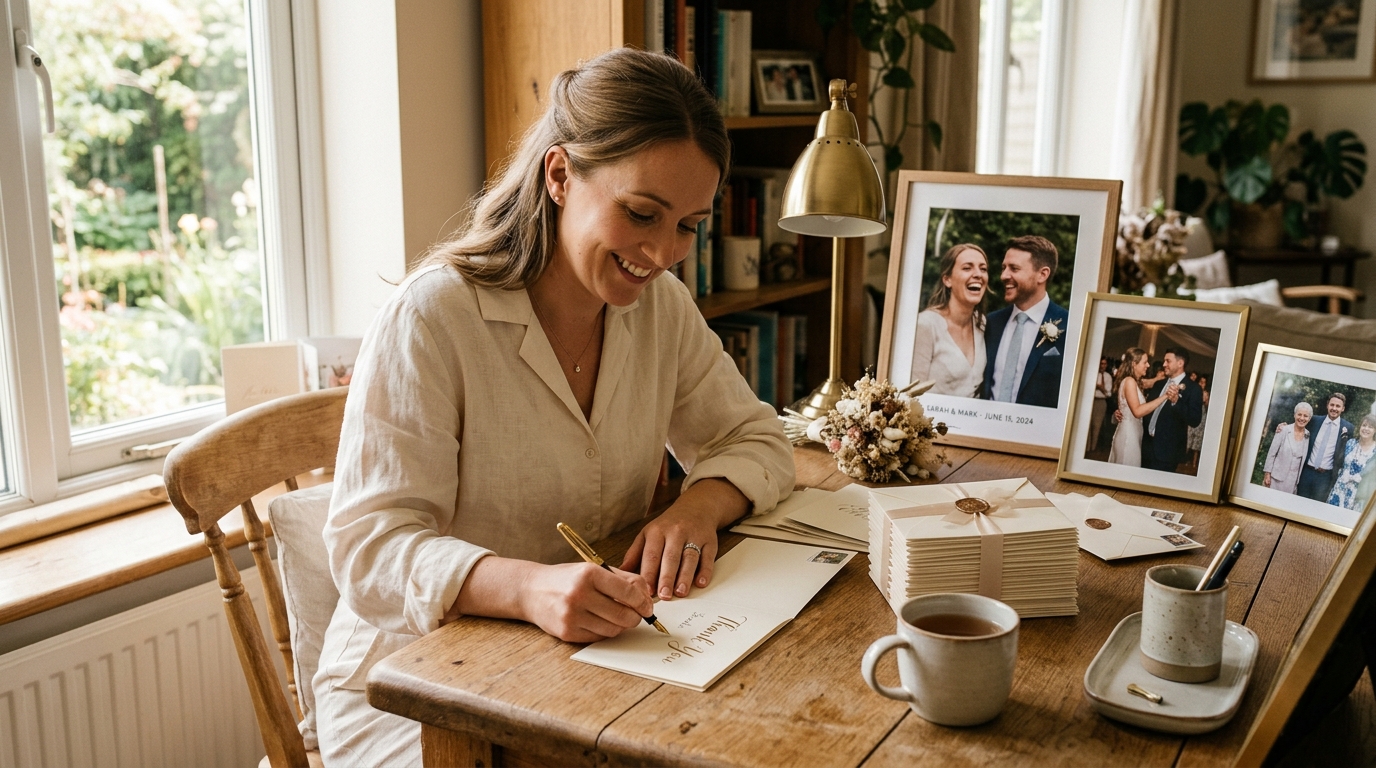 Bride writing wedding thank you cards at a desk, stack of completed cards, cup of tea, wedding photos