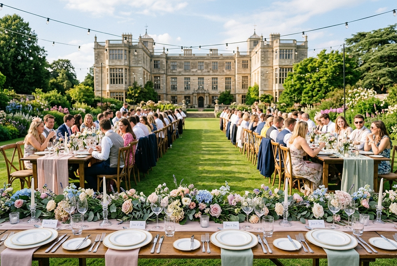 English garden wedding, long tables on a lawn, floral garlands, pastel linens, stately home behind