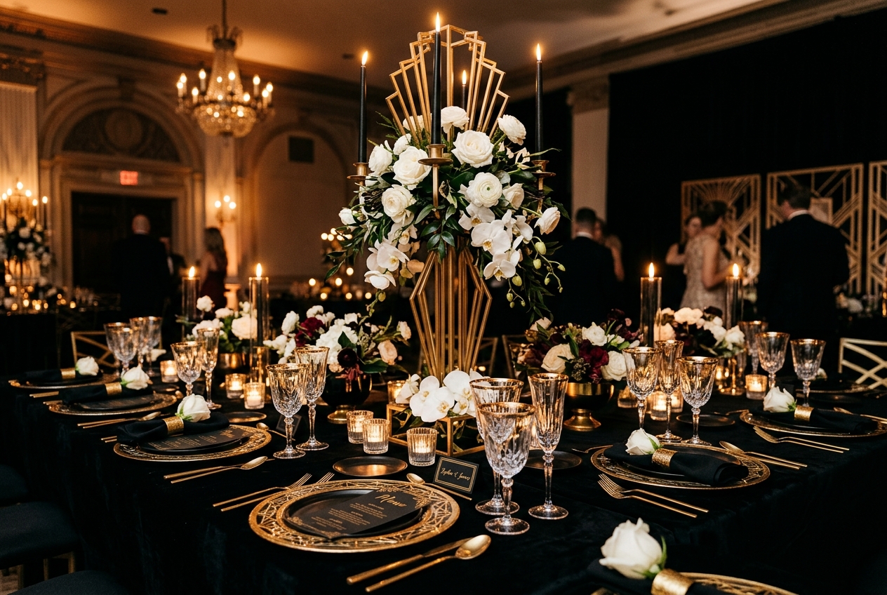 Glamorous art deco wedding, gold chargers, crystal, tall candelabra with white roses, black and gold