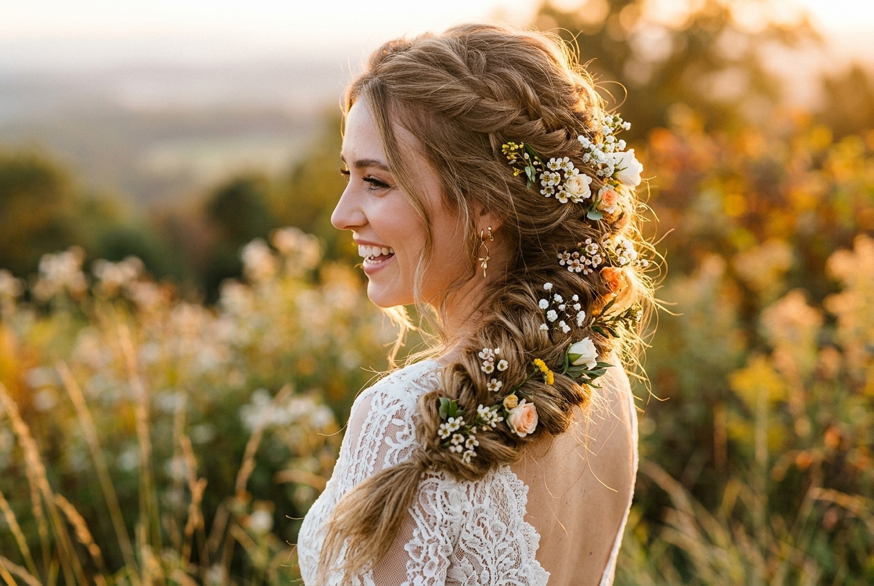Bride with fine hair in chunky messy braid that creates the illusion of thicker hair, with small flowers