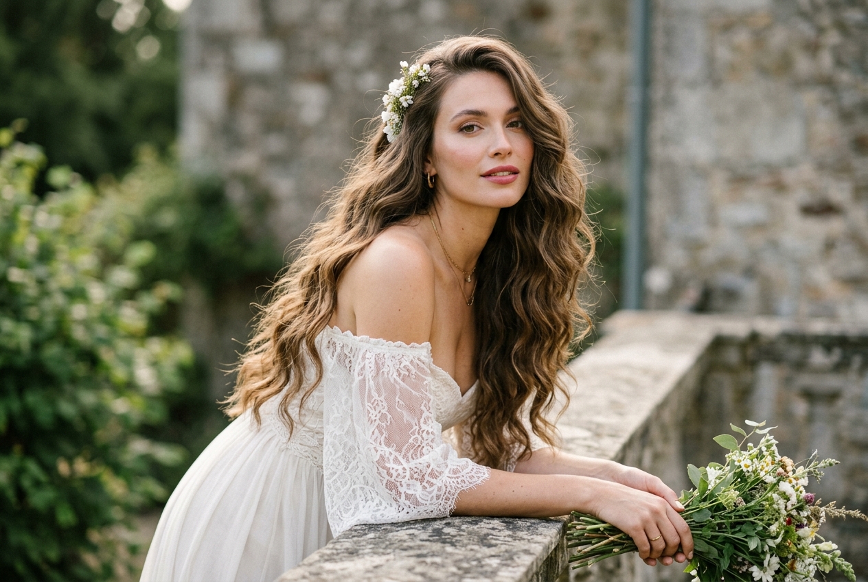 Bride showing volume created with subtle hair extensions, hair flowing in long waves