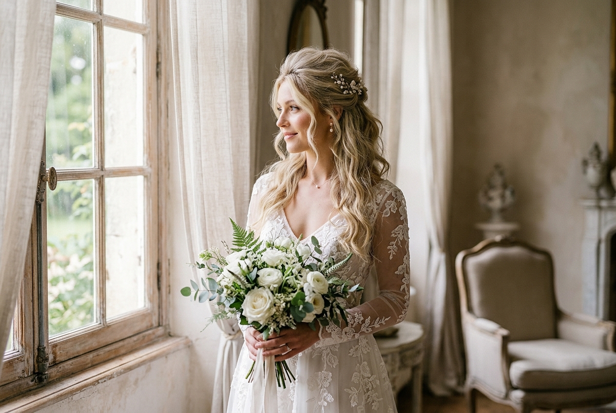 Bride with thin hair styled half-up with a textured top section for volume, romantic and feminine