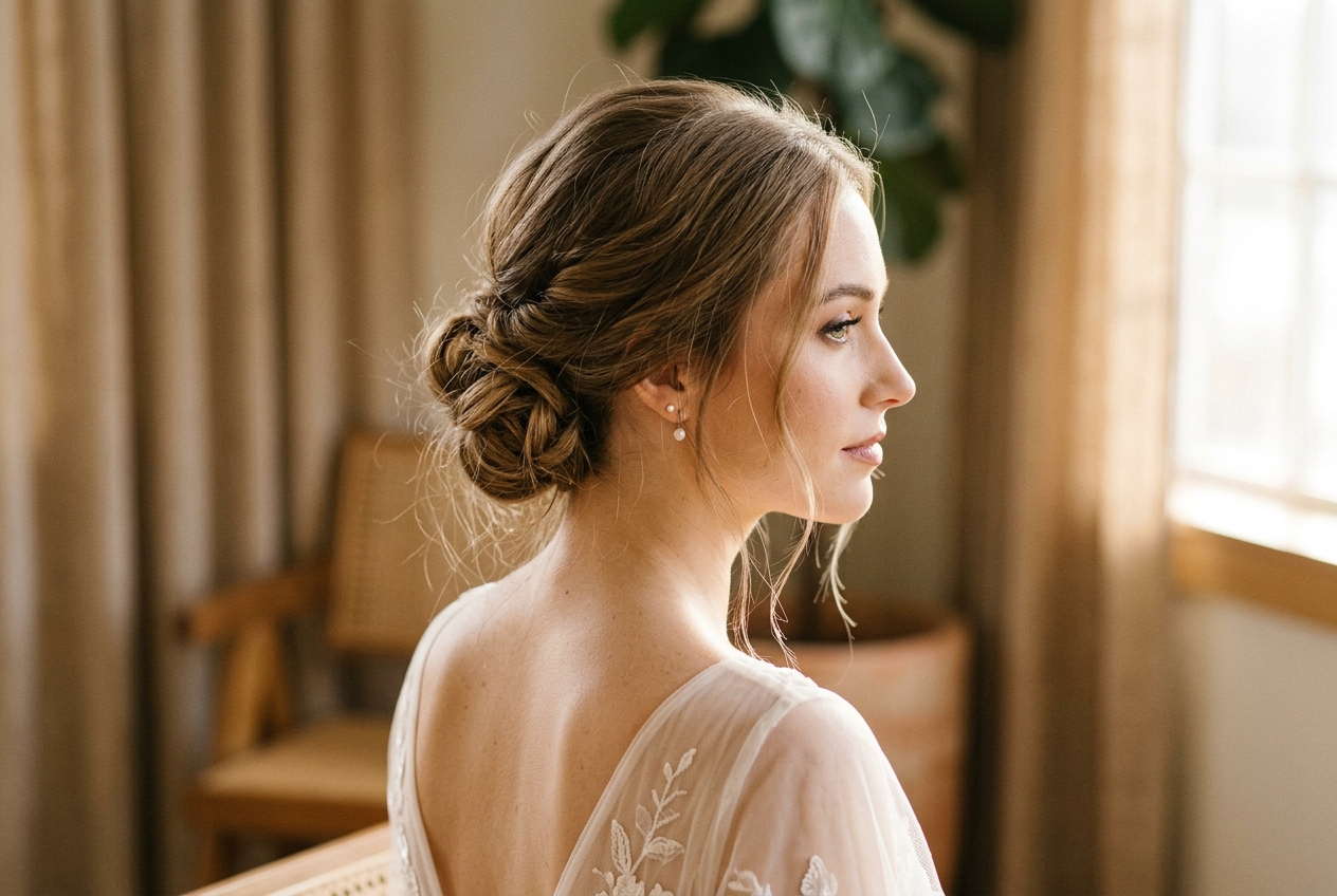 Bride with thin hair in a textured low bun showing how to create the illusion of fullness