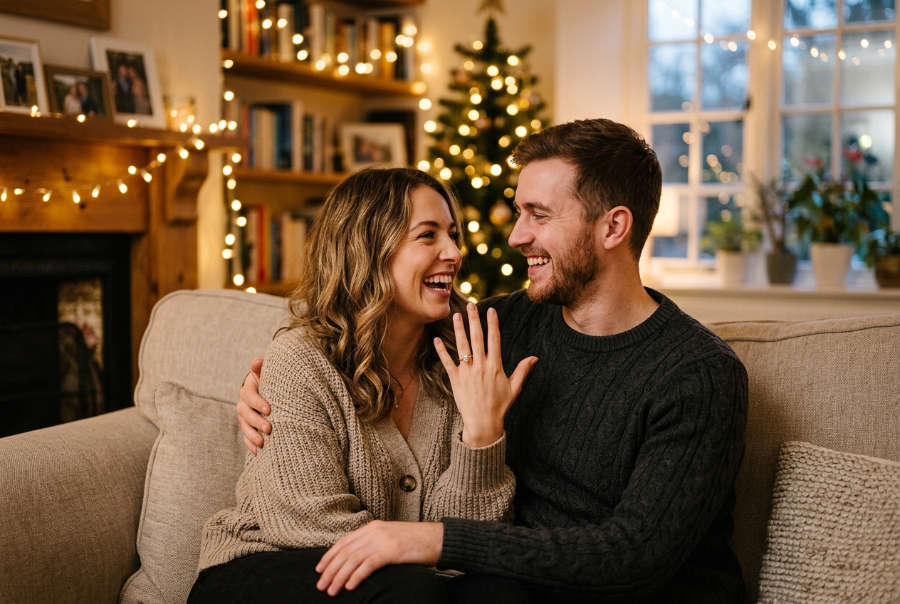 Newly engaged couple, woman showing off engagement ring, cosy home setting with fairy lights