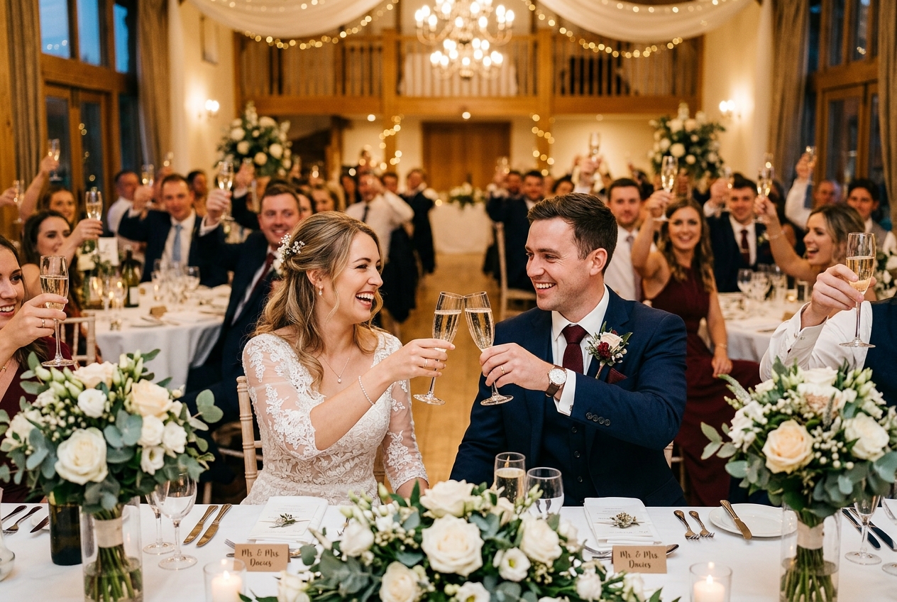 Bride and groom clinking glasses at the top table after a toast, both smiling, guests in background