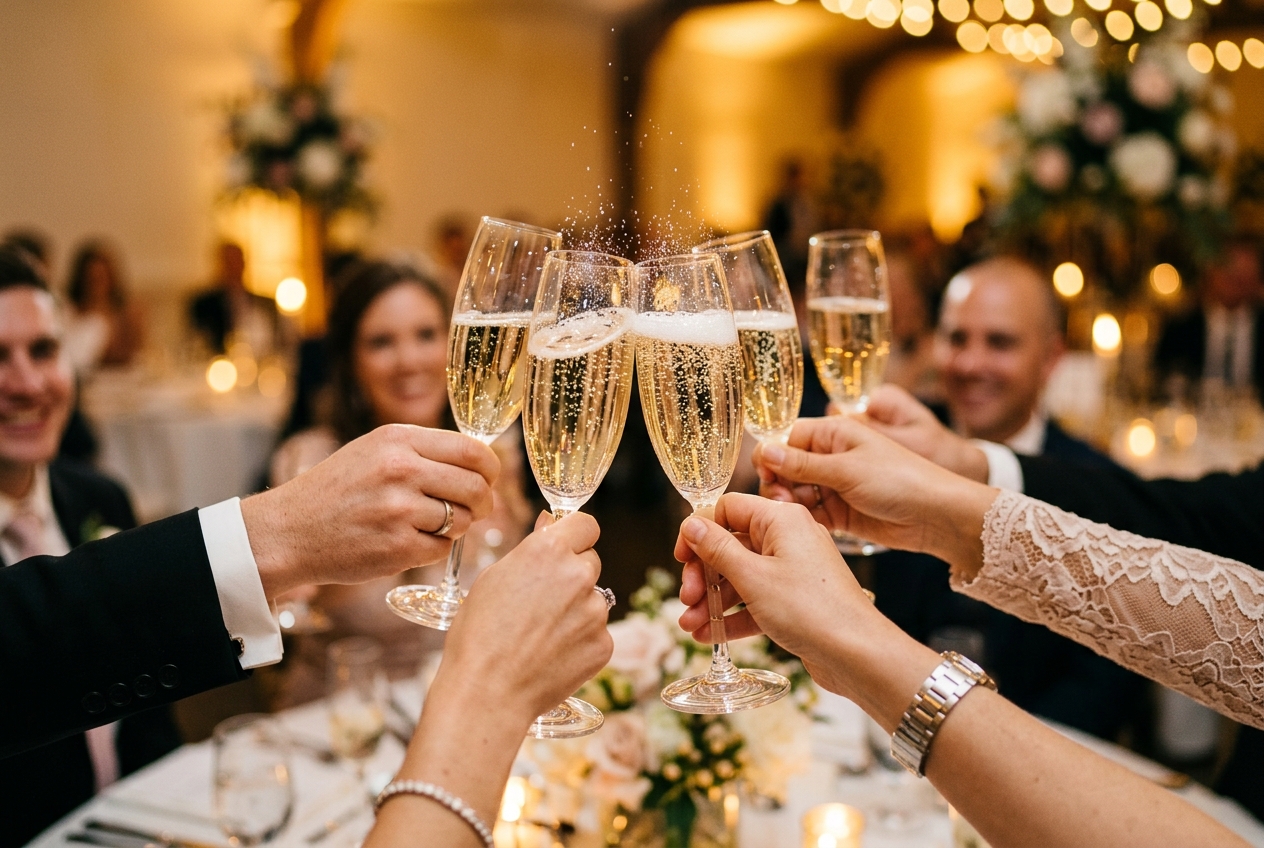 Close-up of champagne glasses being raised for a wedding toast, bubbles catching the light
