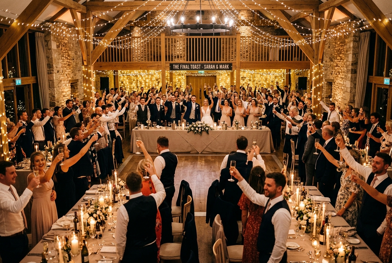 All wedding guests standing for the final toast of the evening, glasses raised, fairy lights