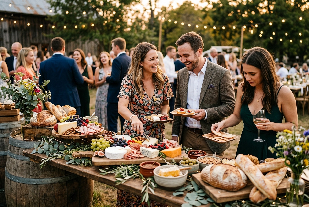 Interactive grazing table at a wedding, artisan cheeses, charcuterie, fruits, guests helping themselves