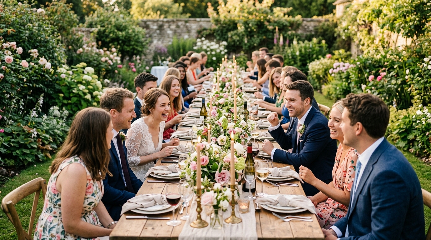 Intimate micro wedding with 20 guests at a long garden table, candles, everyone in conversation