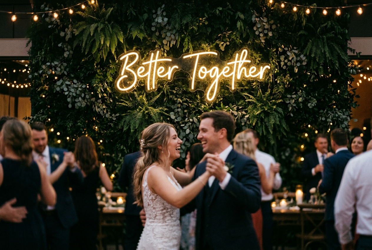 Neon sign reading 'Better Together' on a green foliage wall, dancing couple in soft focus