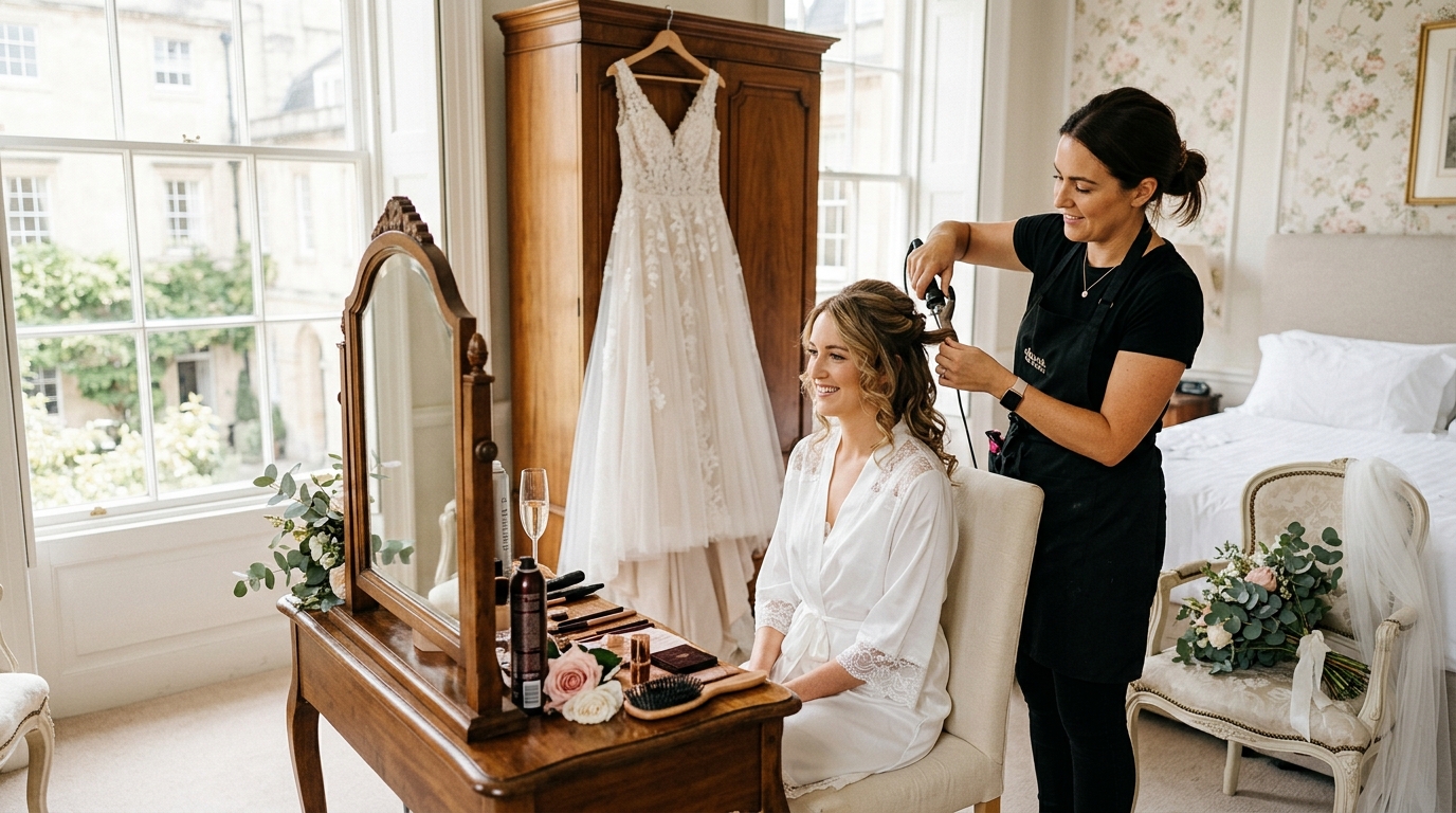 Two brides getting ready together, one helping the other with a necklace