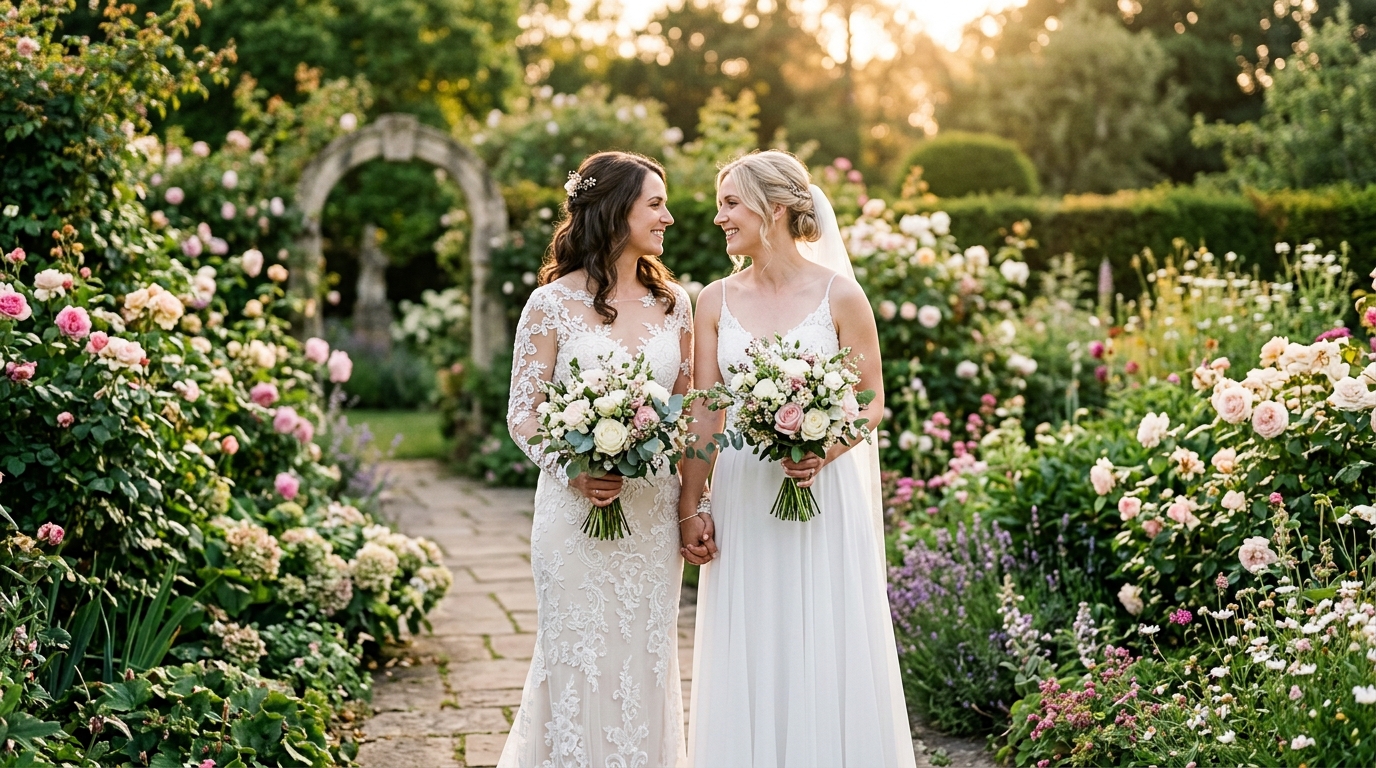 Two brides in wedding dresses holding hands at a UK wedding ceremony