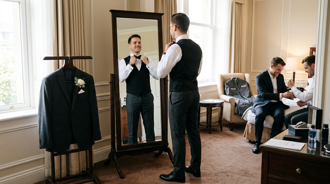 Two grooms getting ready together, adjusting each other's ties