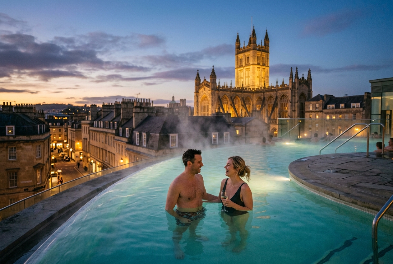 Couple at rooftop pool of Thermae Bath Spa overlooking Bath, steam rising, Georgian architecture, twilight