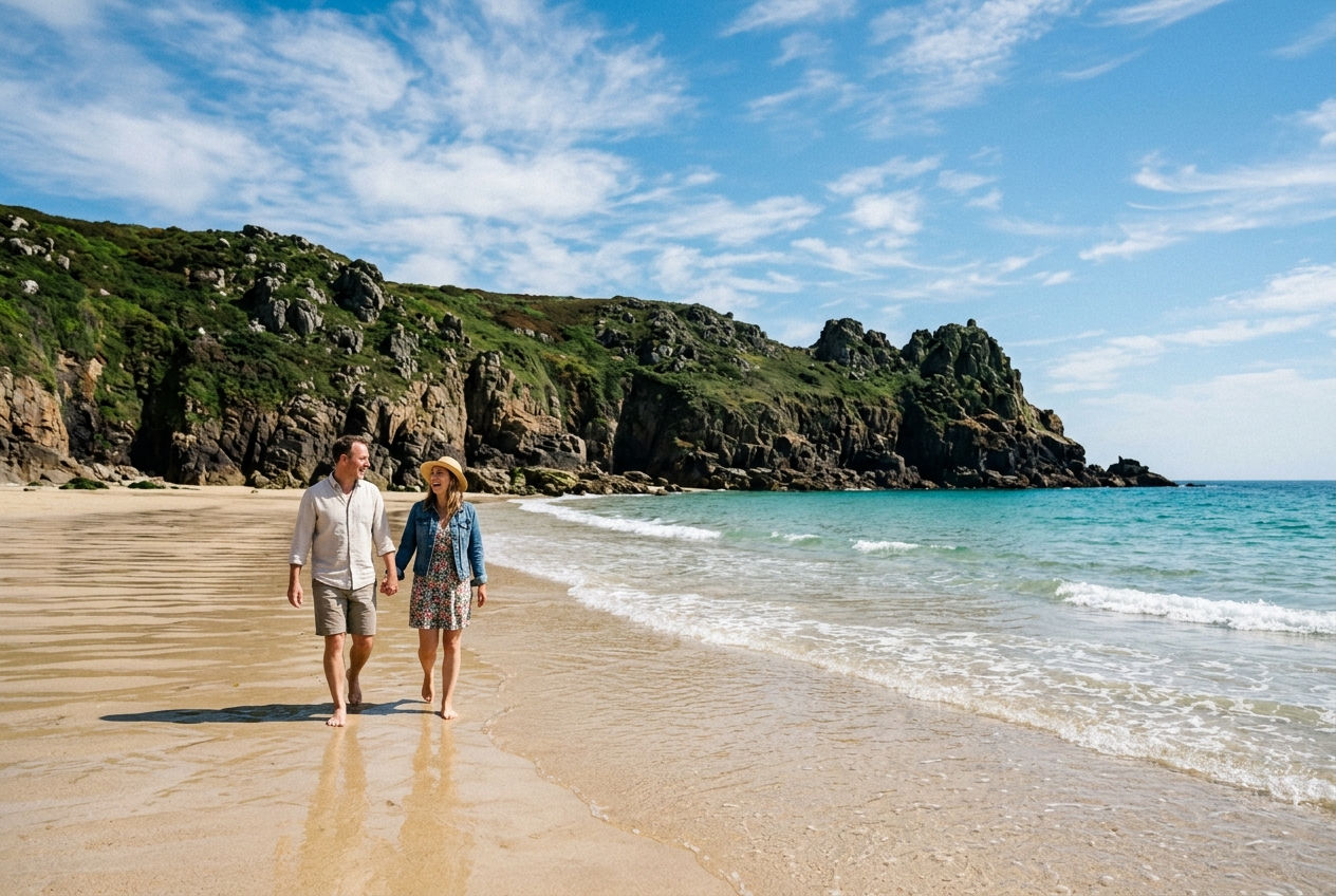 Couple walking on a Cornish beach at low tide, turquoise water, golden sand, dramatic headland