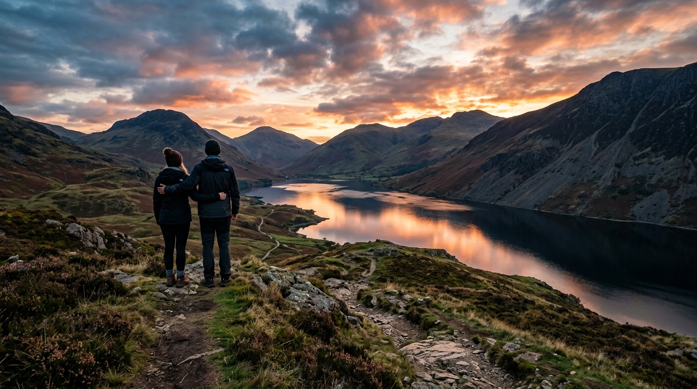 Couple standing on a hill overlooking a Lake District lake at sunset, mountains and reflective water
