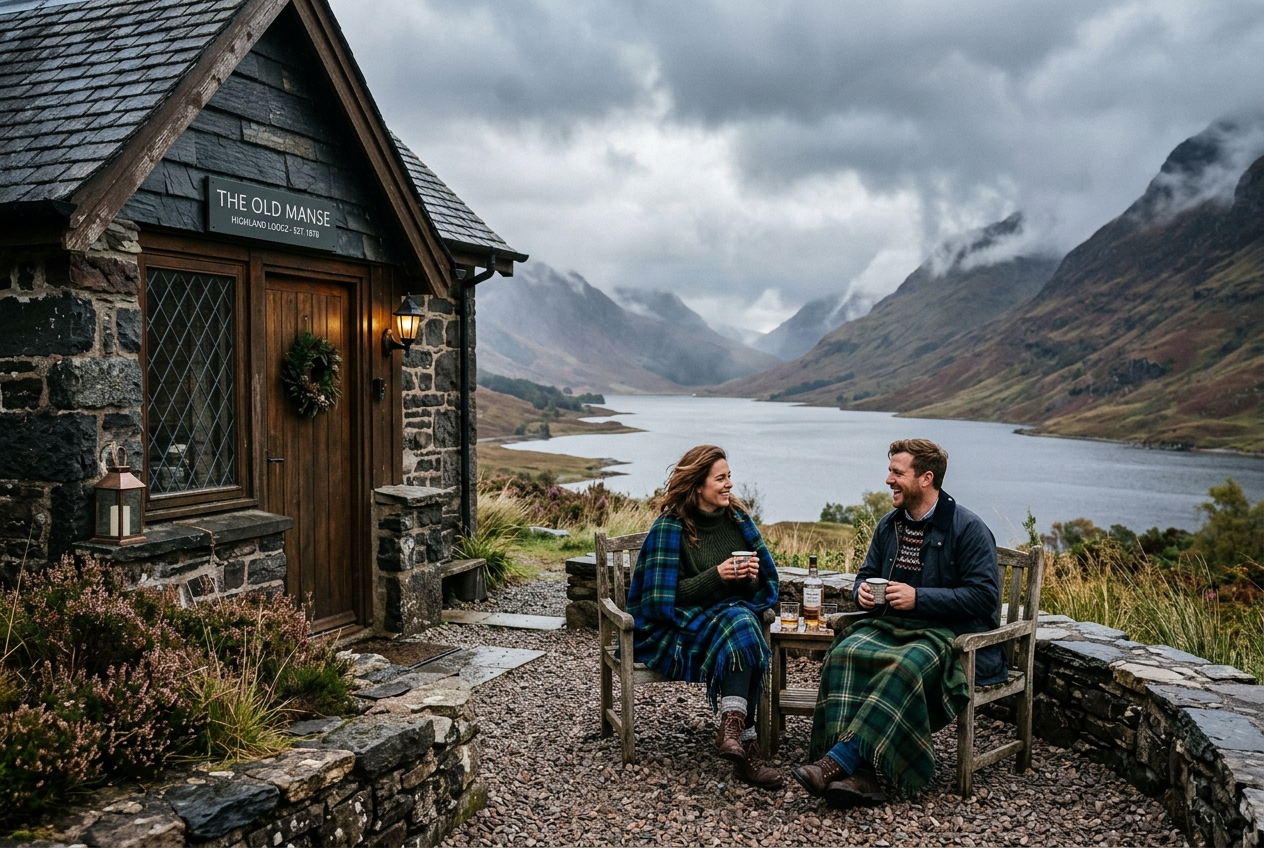 Couple outside a romantic Scottish Highland lodge, misty mountains, loch visible, tartan blankets