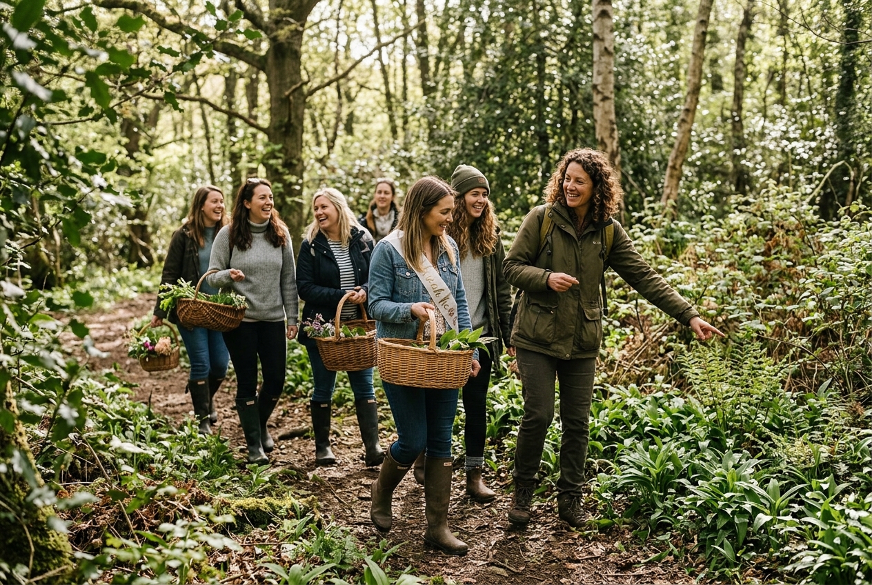 Women on a foraging experience, walking through woodland with baskets, guide pointing at plants